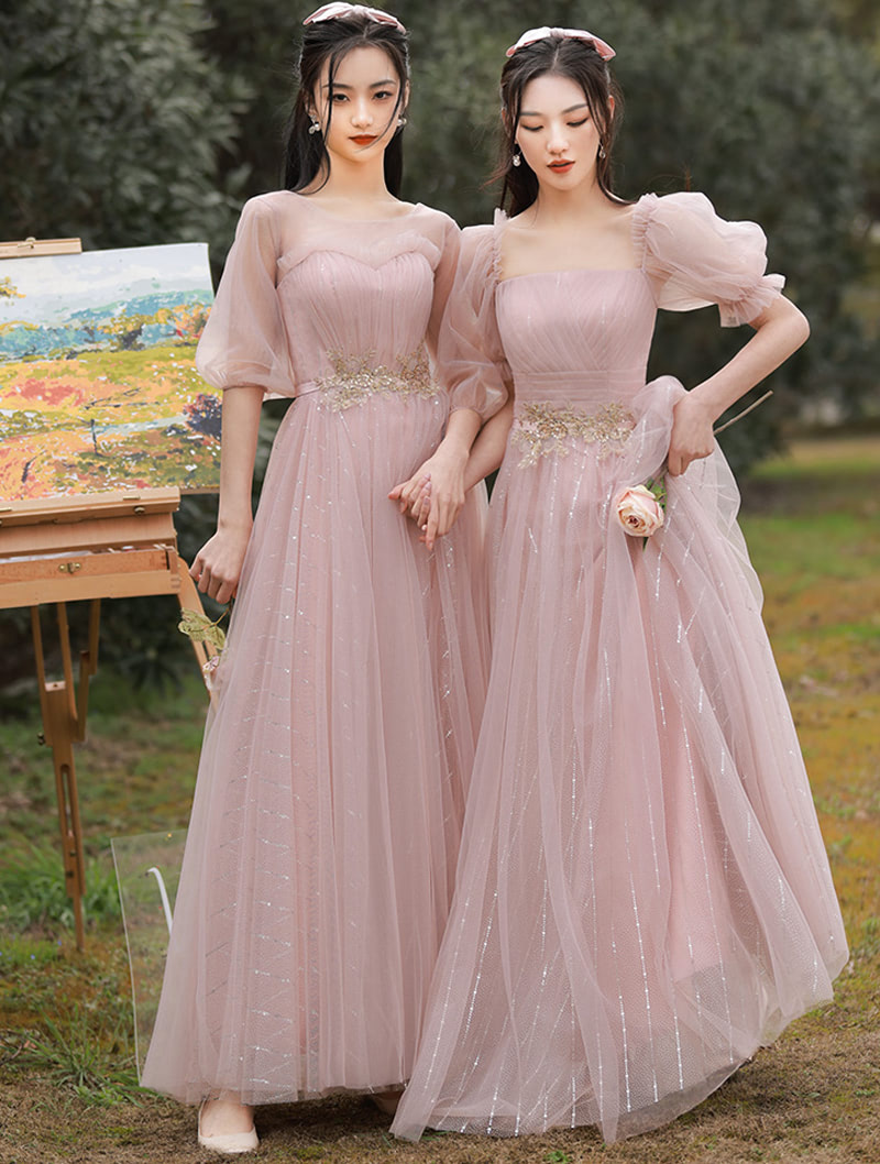 Fairy Pink Bridesmaid Dress with Sleeves Chiffon Long Casual Gown05