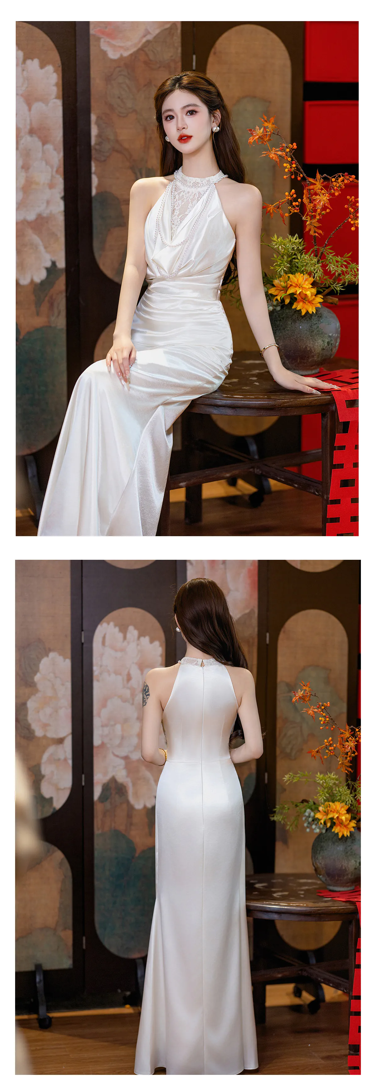 Vintage-Halter-Cowl-Lace-Neck-White-Satin-Mermaid-Evening-Formal-Gown15