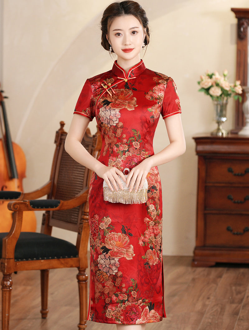 Women Retro Short Sleeve Improved Midi Qipao Dress Cheongsam02