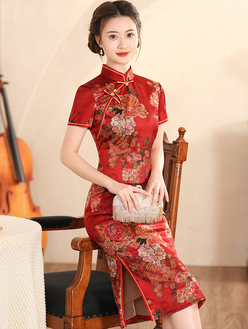 Women Retro Short Sleeve Improved Midi Qipao Dress Cheongsam01