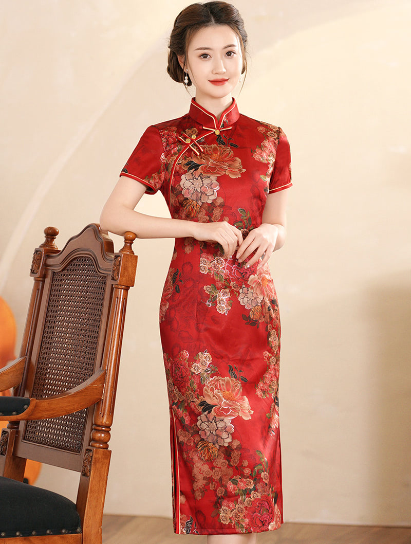 Women Retro Short Sleeve Improved Midi Qipao Dress Cheongsam01