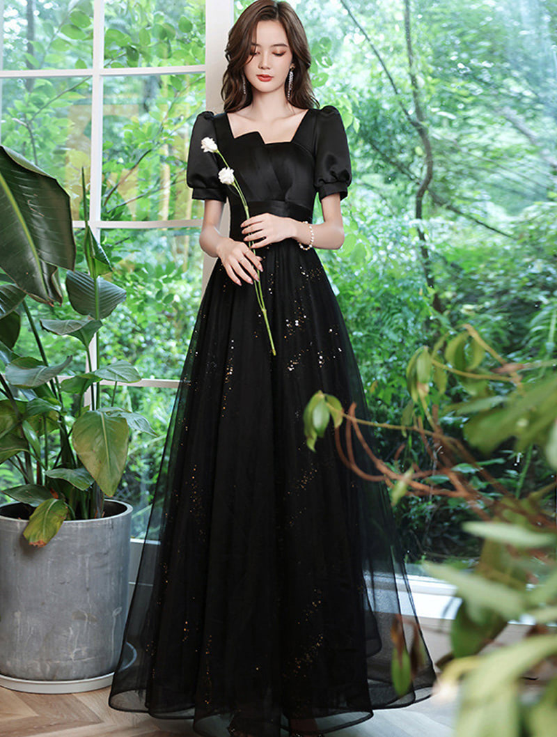 Black Short Sleeve Maxi Evening Dress Party Formal Gown01