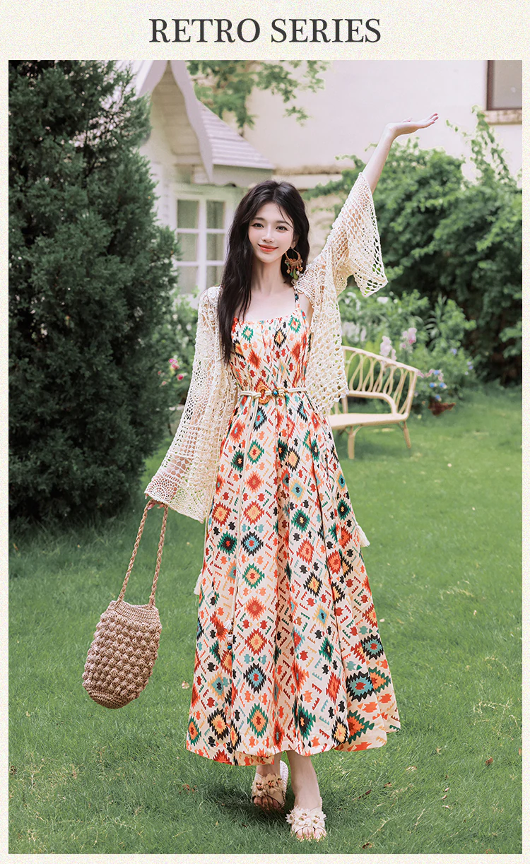 Bohemian Geometric Print Sundress with Crochet Cardigan Summer Outfit (Size: M) Bohemian Geometric Print Sundress with Crochet Cardigan Summer Outfit (Size: M)