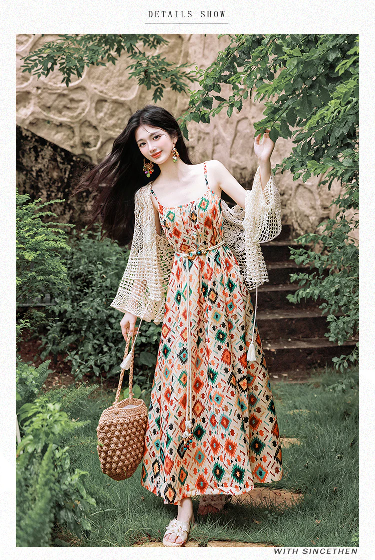 Bohemian-Geometric-Print-Sundress-with-Crochet-Cardigan-Summer-Outfit10