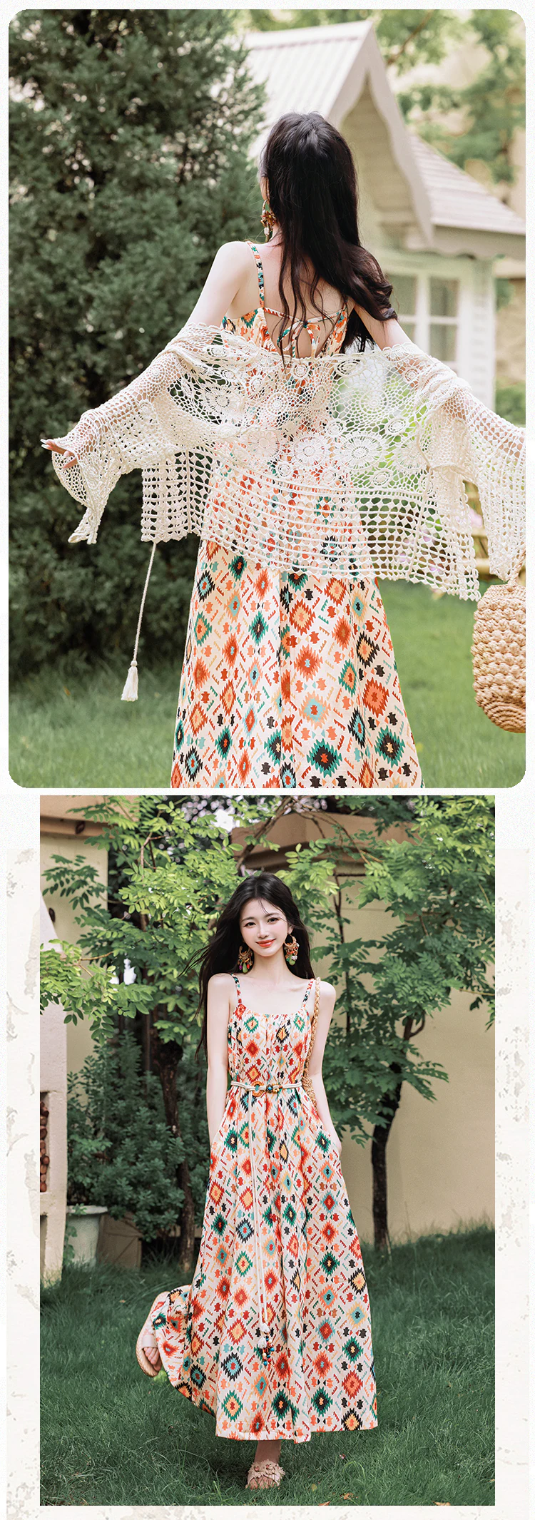 Bohemian-Geometric-Print-Sundress-with-Crochet-Cardigan-Summer-Outfit11