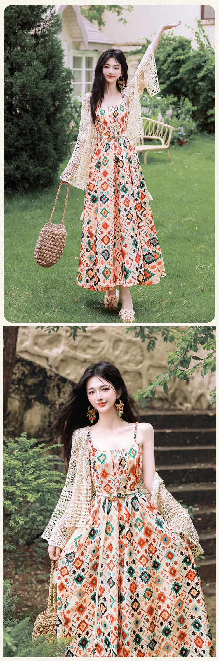 Bohemian-Geometric-Print-Sundress-with-Crochet-Cardigan-Summer-Outfit14