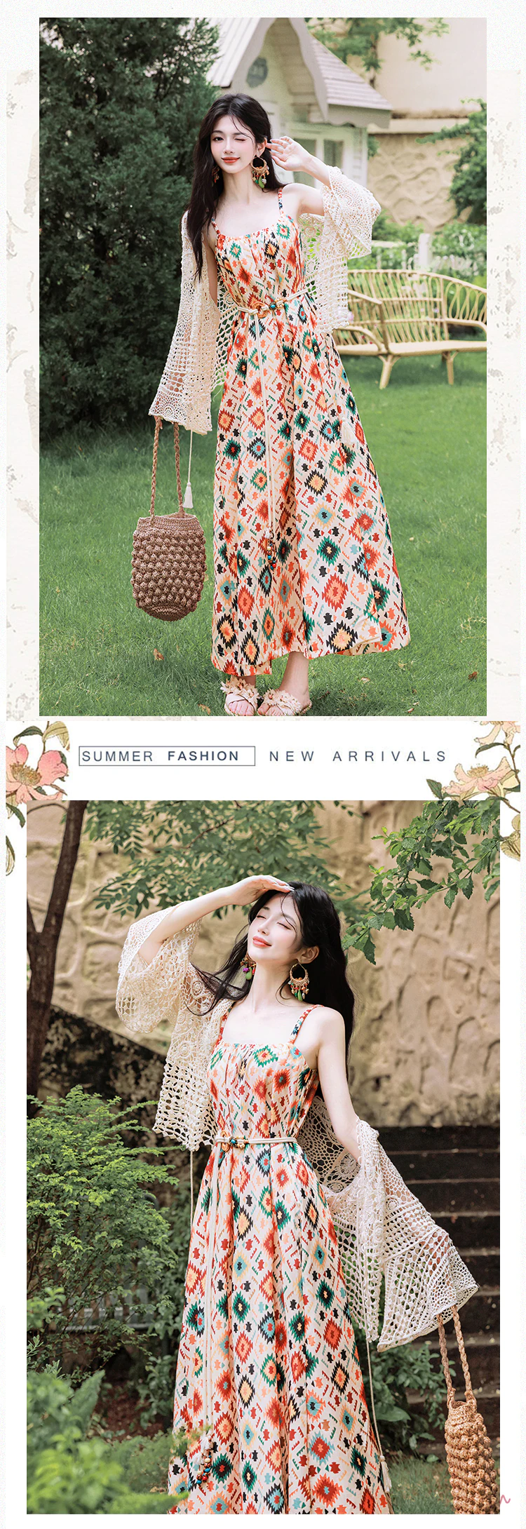 Bohemian-Geometric-Print-Sundress-with-Crochet-Cardigan-Summer-Outfit15