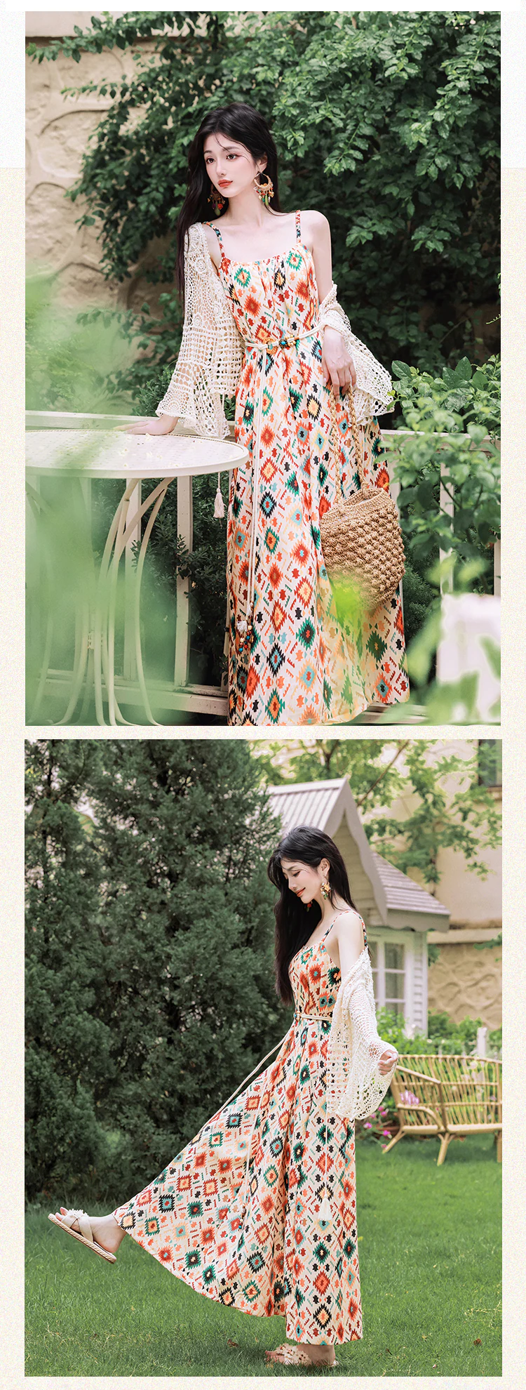 Bohemian-Geometric-Print-Sundress-with-Crochet-Cardigan-Summer-Outfit16