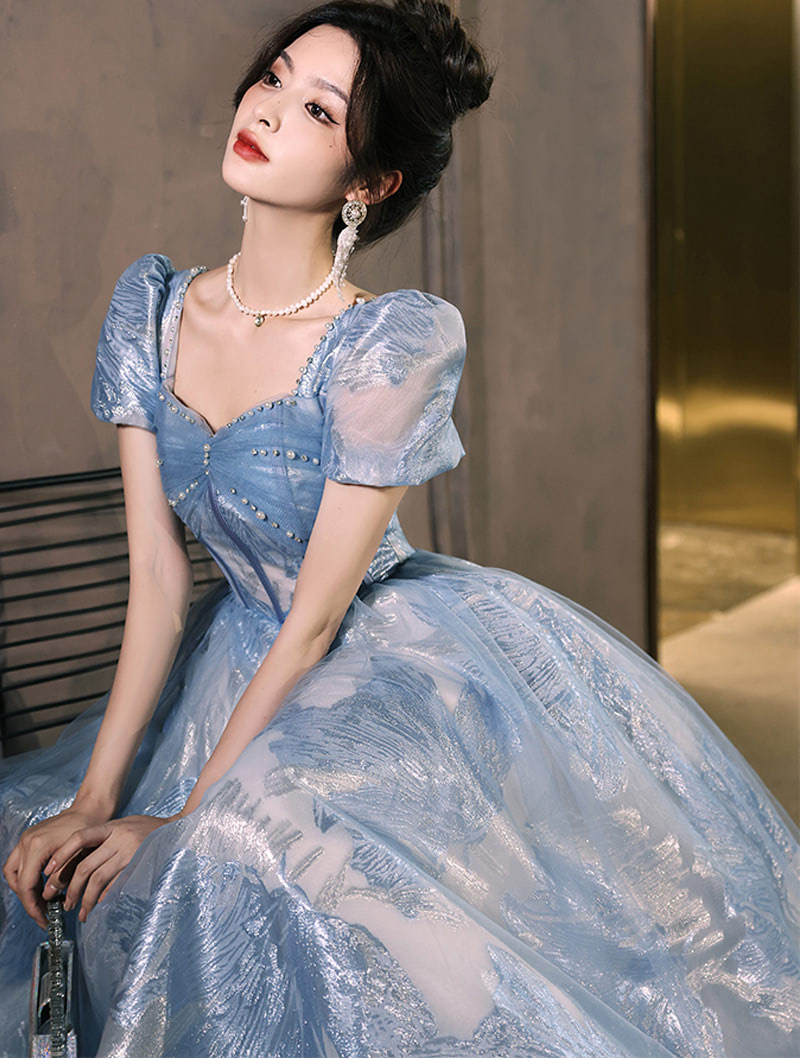 Elegant Blue Jacquard Short Sleeve Banquet Evening Party Dress01