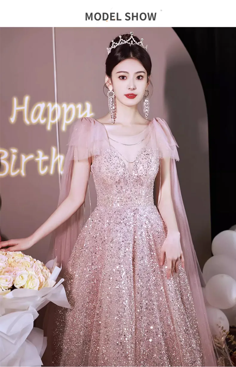 Fairy Pink Sparkly Evening Gown Cocktail Birthday Party Maxi Dress (Size: S)