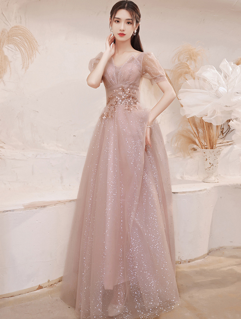 Fairy V neck Short Sleeve Prom Evening Dress Elegant Party Long Gowns01