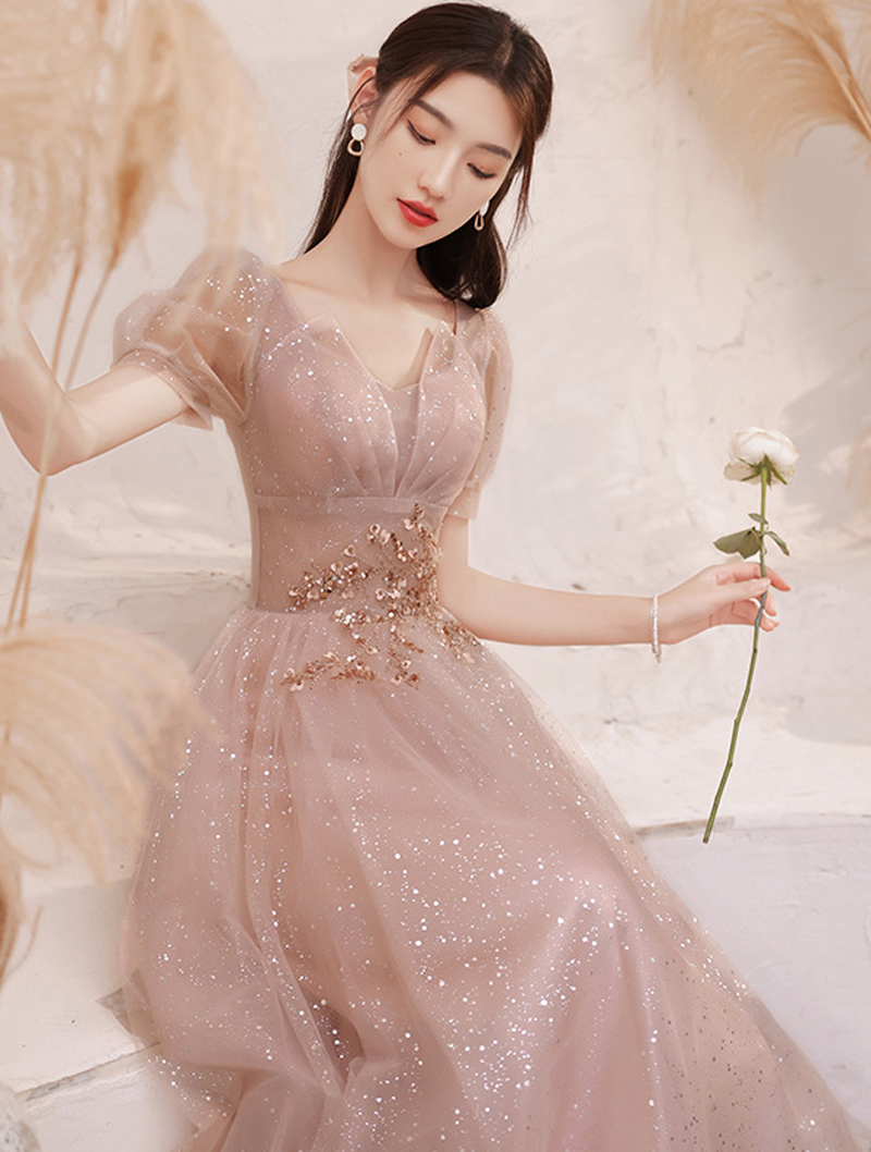 Fairy V-neck Short Sleeve Prom Evening Dress Elegant Party Long Gowns01
