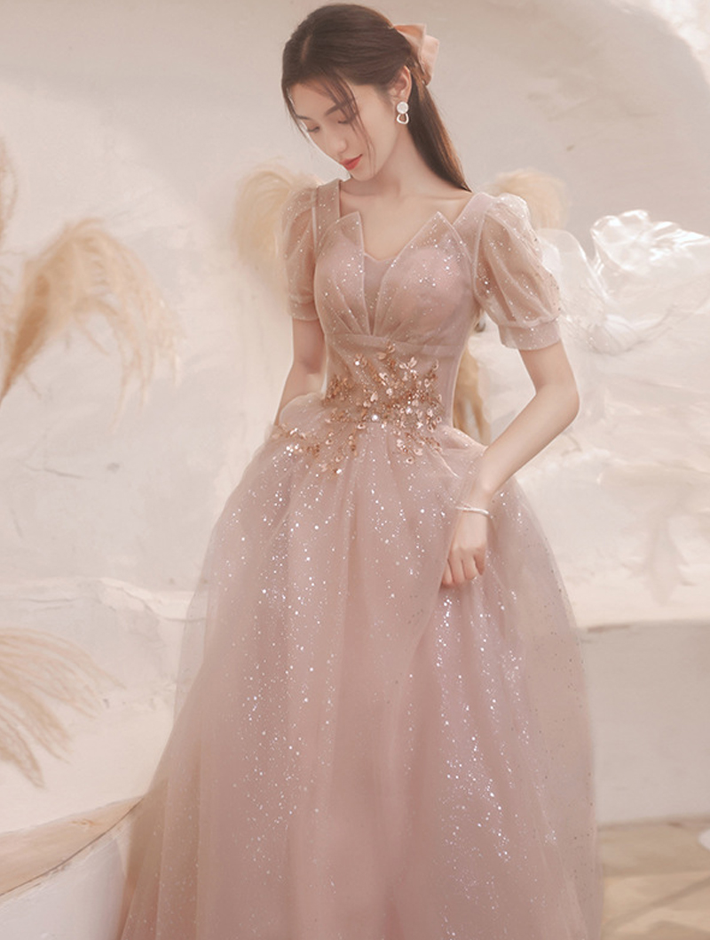 Fairy V-neck Short Sleeve Prom Evening Dress Elegant Party Long Gowns04
