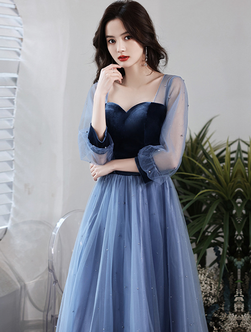 Fashion Blue Slim Long Sleeve Formal Dress Evening Gown01