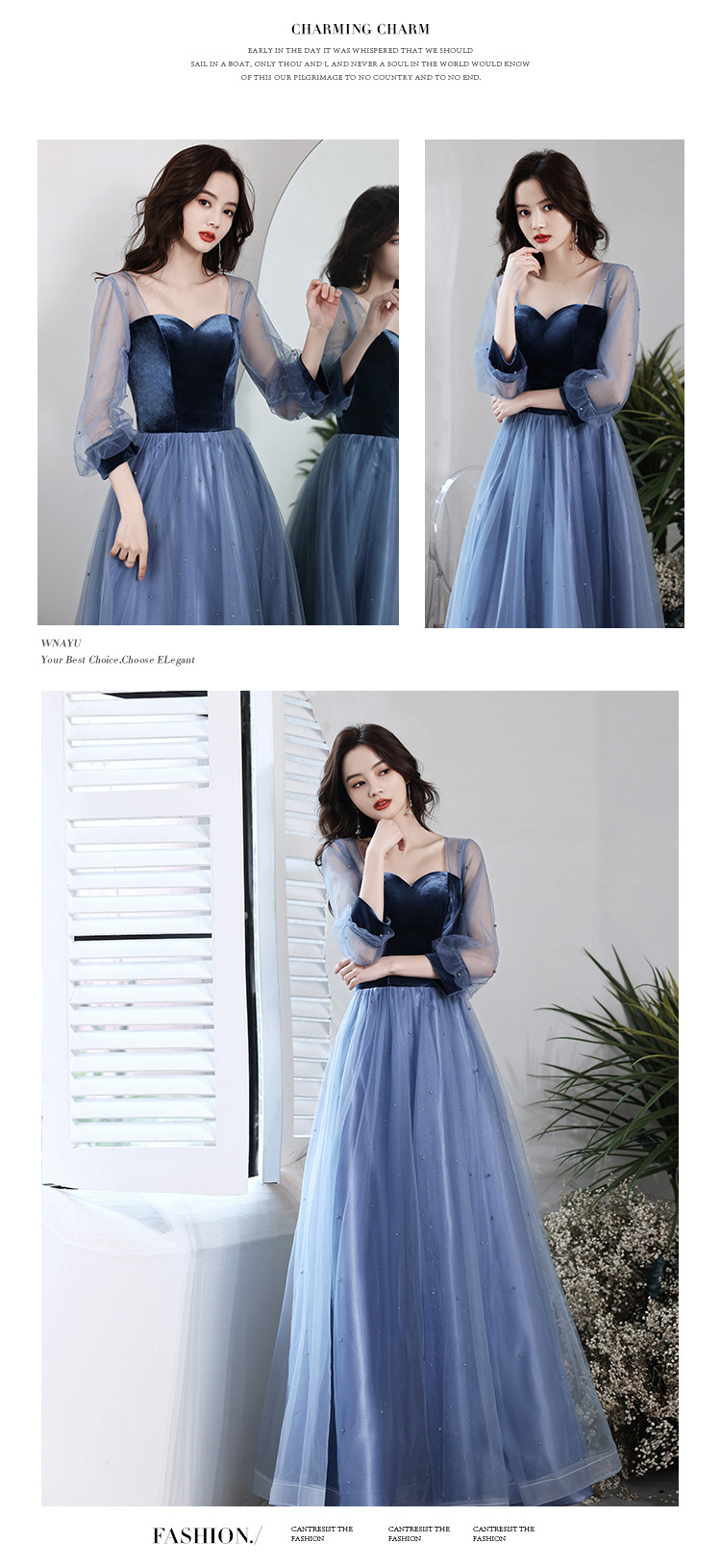 Fashion Blue Slim Long Sleeve Formal Dress Evening Gown10