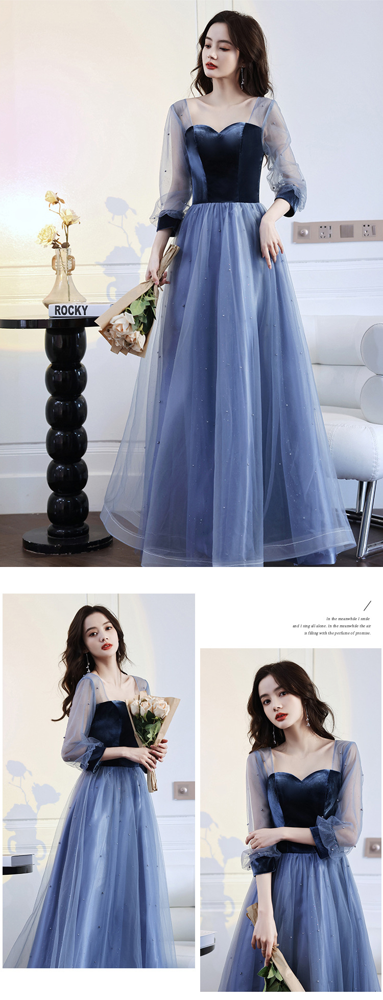 Fashion Blue Slim Long Sleeve Formal Dress Evening Gown11