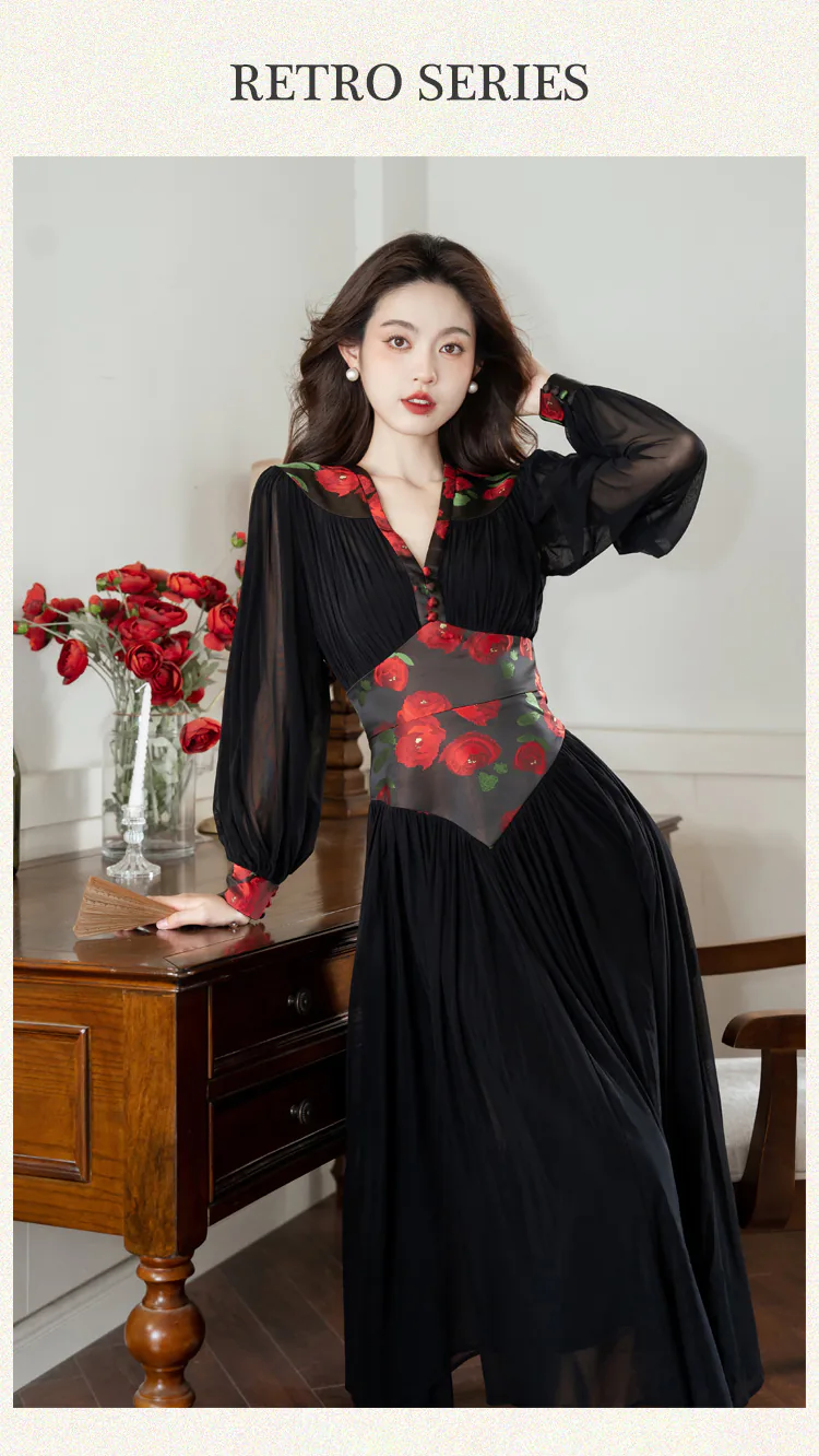 Ladies-Retro-Princess-Style-Black-Tulle-Casual-Sundress-with-Rose-Print09