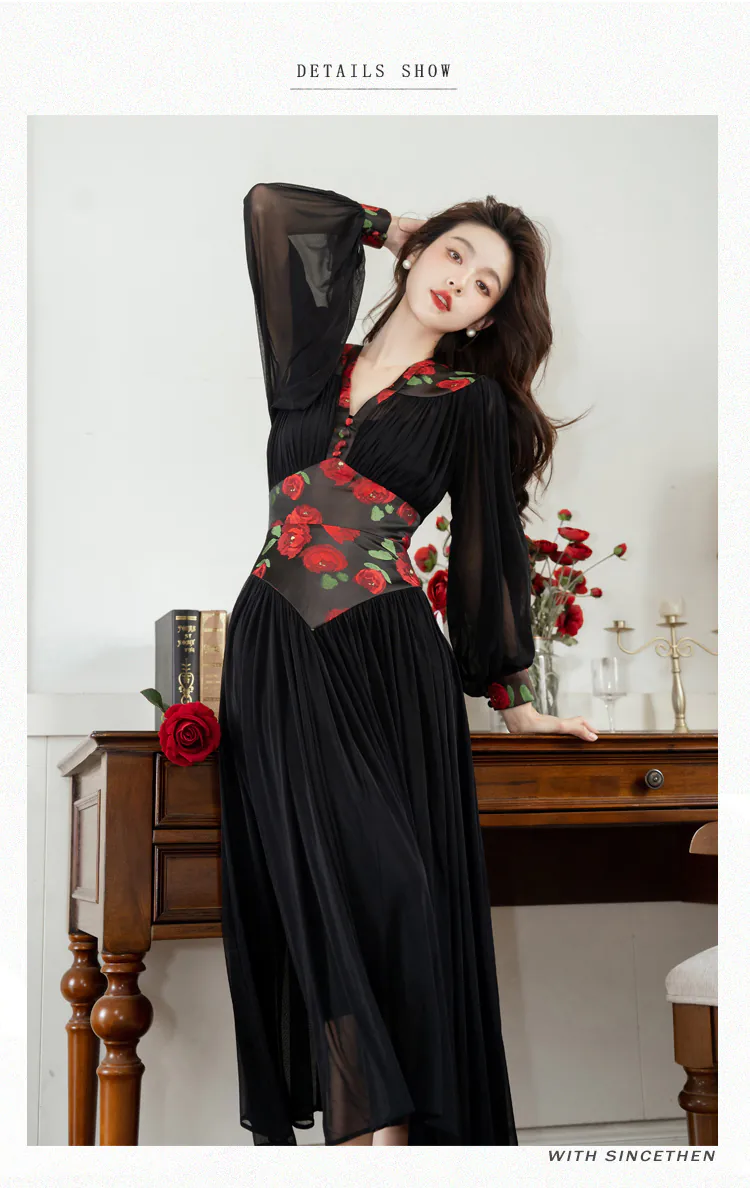 Ladies-Retro-Princess-Style-Black-Tulle-Casual-Sundress-with-Rose-Print11