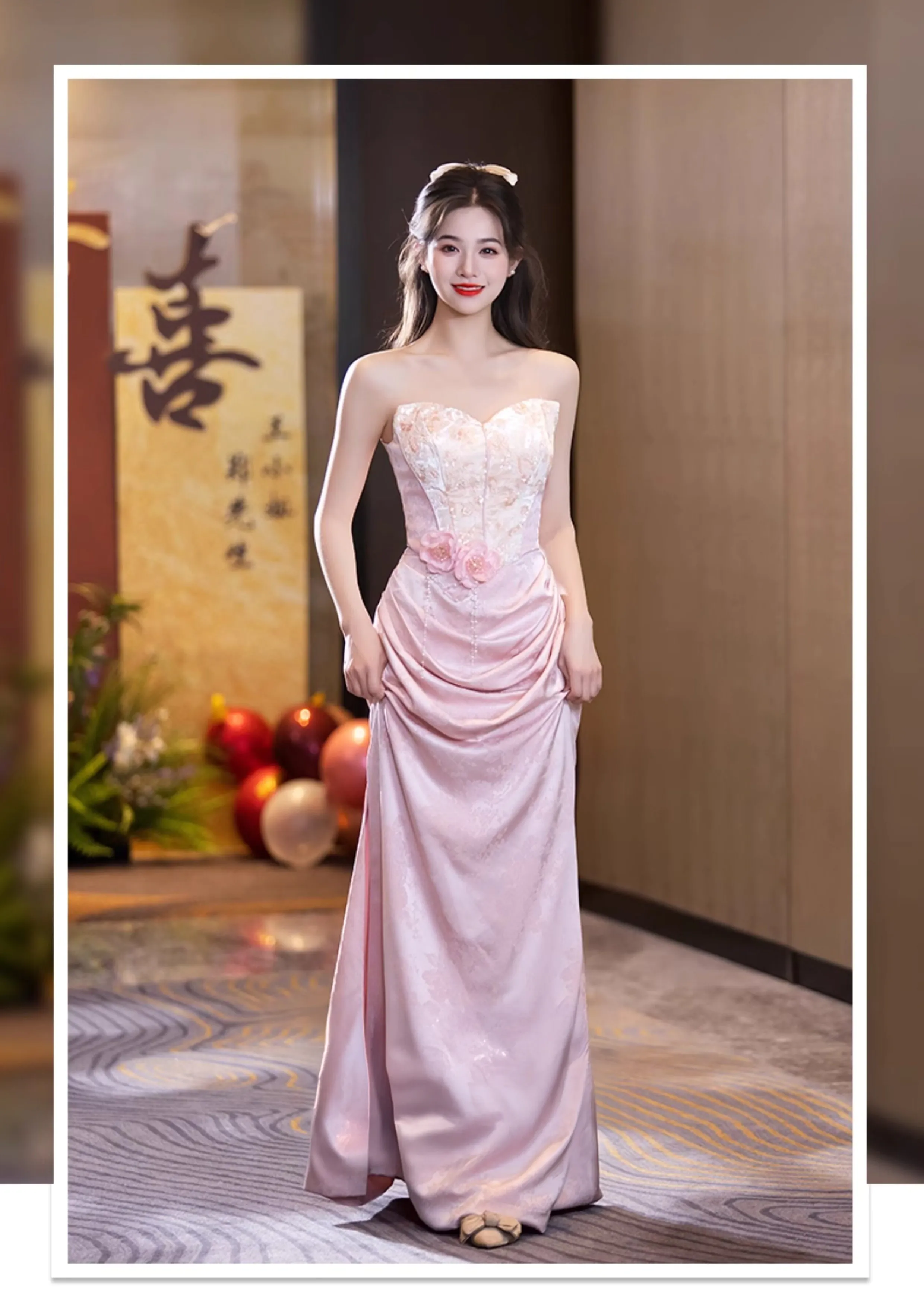 Pink-Strapless-Floral-Embroidered-Satin-Jacquard-Skirt-Banquet-Evening-Dress07