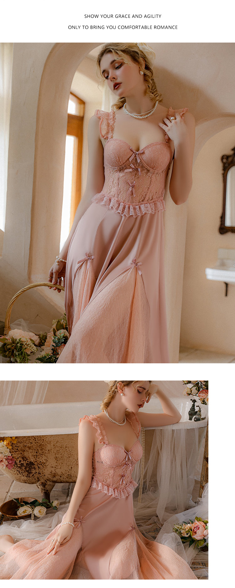 Satin Nightgown with Lace Inserts and Built-In Bra - Déesse Collection