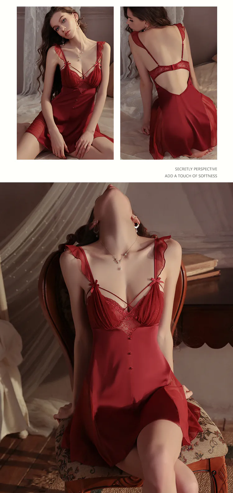 Sexy Open Back Lace Cami Nightgown Comfy Ladies Boudoir Lingerie - FloraShe