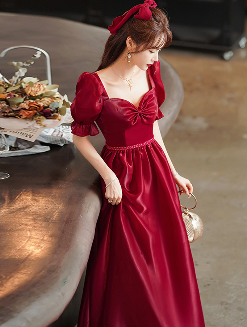 Simple Elegant Red Satin Long Evening Wedding Dress Plus Size03