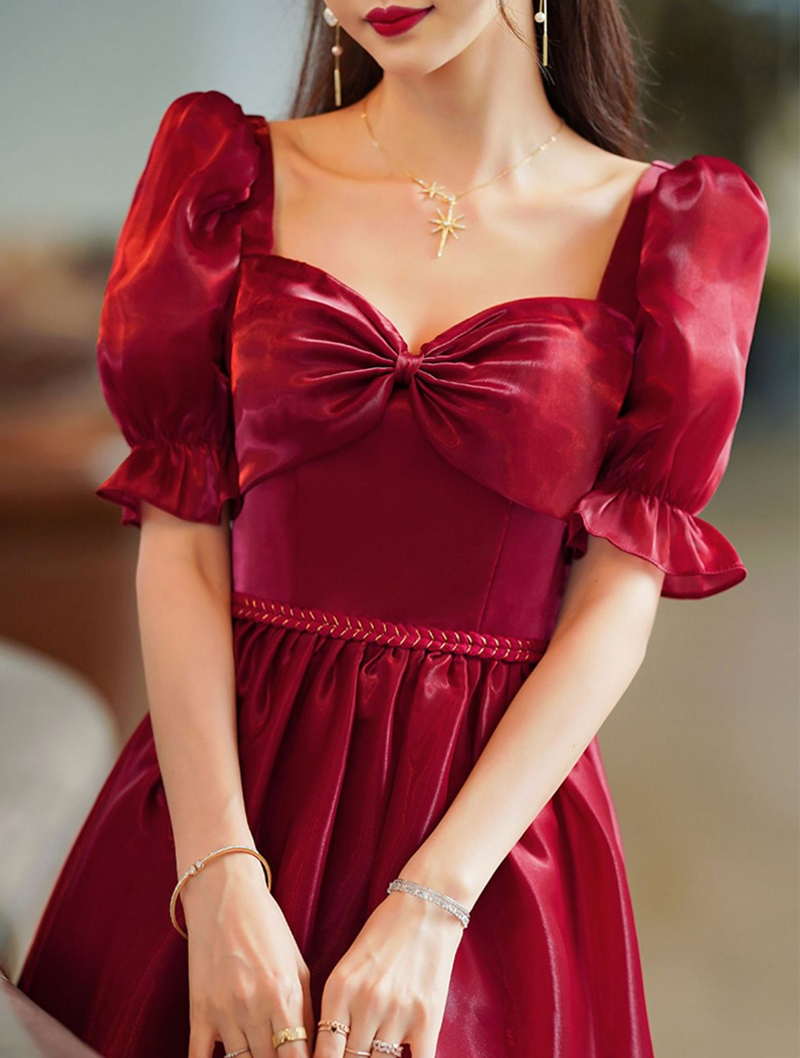 Simple Elegant Red Satin Long Evening Wedding Dress Plus Size01