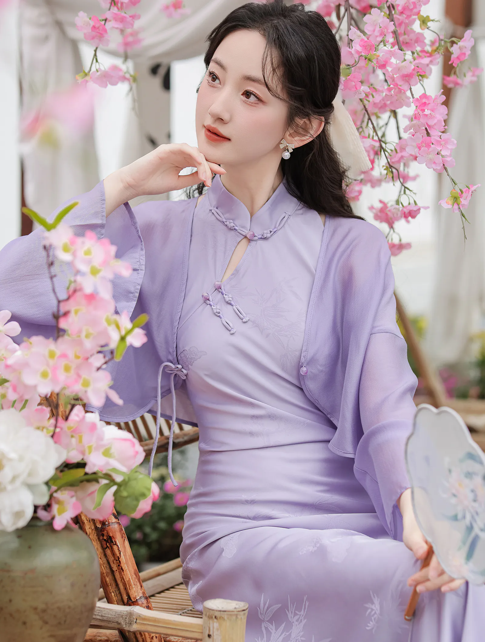 Soft Mandarin Collar Jacquard Dress with Lyocell Cardigan Casual Suit02