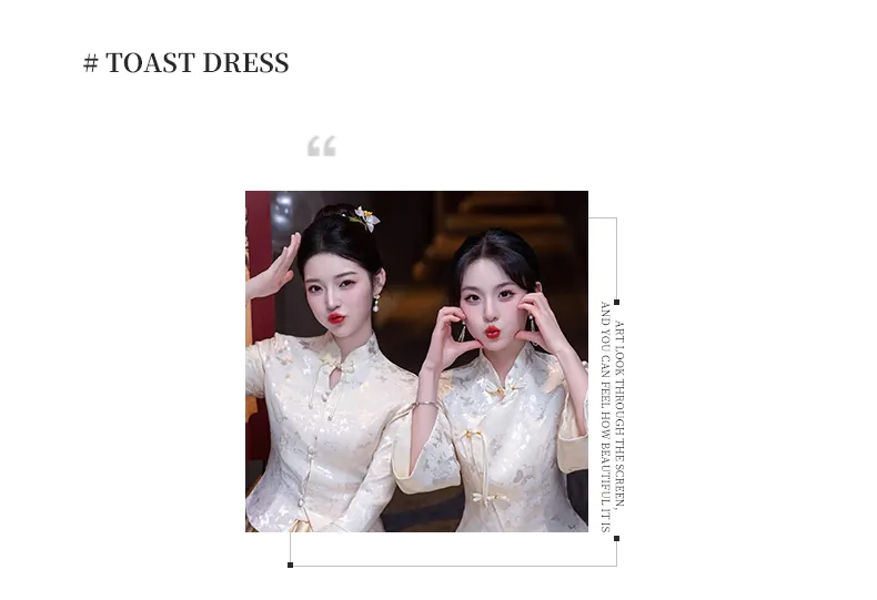 Stylish-Champagne-Jacquard-Blouse-with-Satin-Skirt-Bridesmaid-Dress-Outfits10