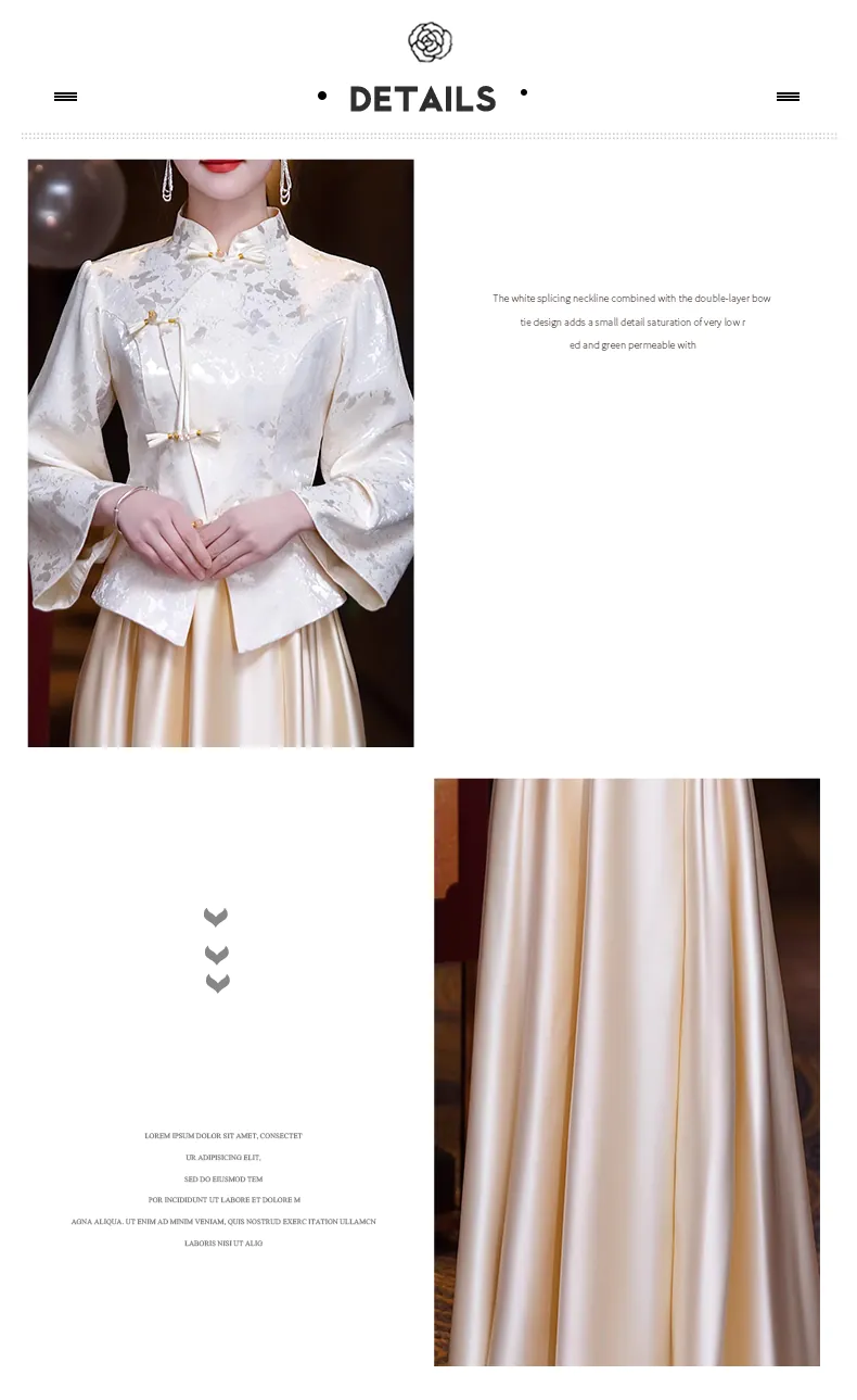 Stylish-Champagne-Jacquard-Blouse-with-Satin-Skirt-Bridesmaid-Dress-Outfits11