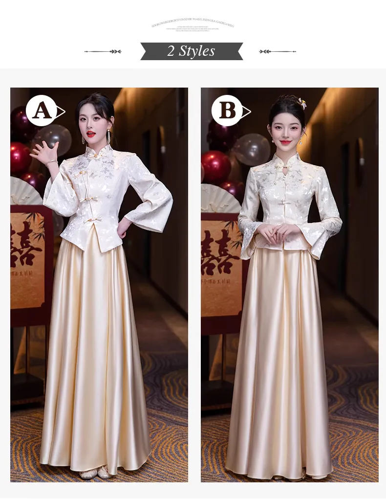Stylish-Champagne-Jacquard-Blouse-with-Satin-Skirt-Bridesmaid-Dress-Outfits12