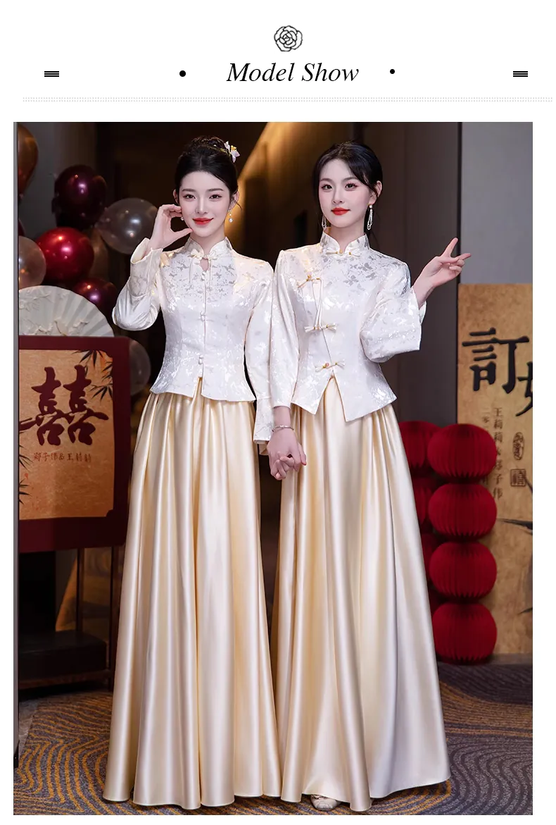 Stylish-Champagne-Jacquard-Blouse-with-Satin-Skirt-Bridesmaid-Dress-Outfits13
