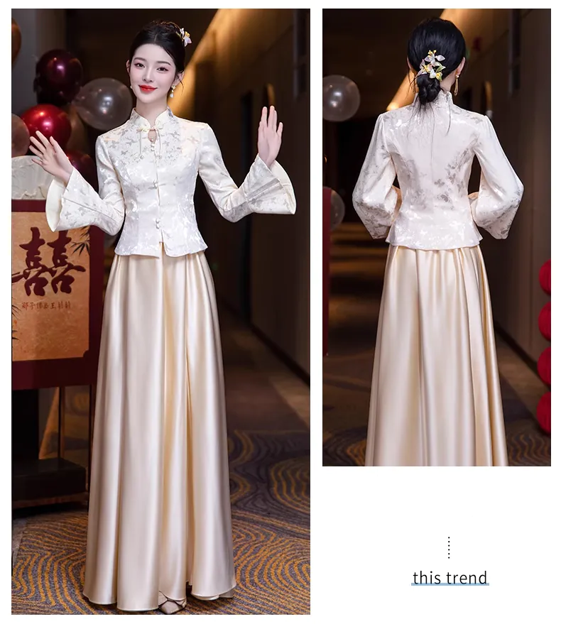 Stylish-Champagne-Jacquard-Blouse-with-Satin-Skirt-Bridesmaid-Dress-Outfits14
