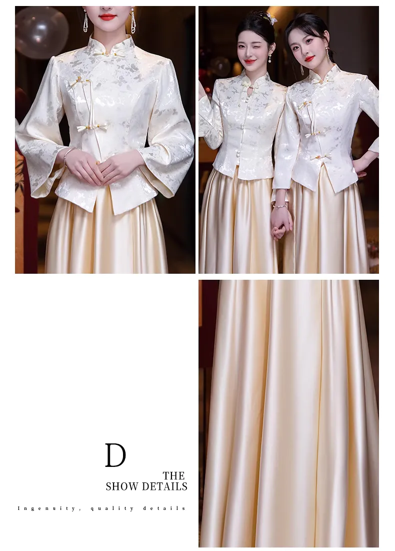 Stylish-Champagne-Jacquard-Blouse-with-Satin-Skirt-Bridesmaid-Dress-Outfits16