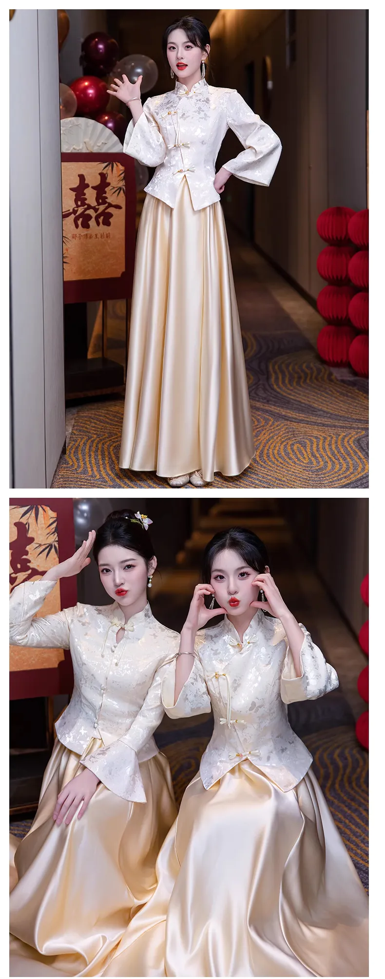 Stylish-Champagne-Jacquard-Blouse-with-Satin-Skirt-Bridesmaid-Dress-Outfits17