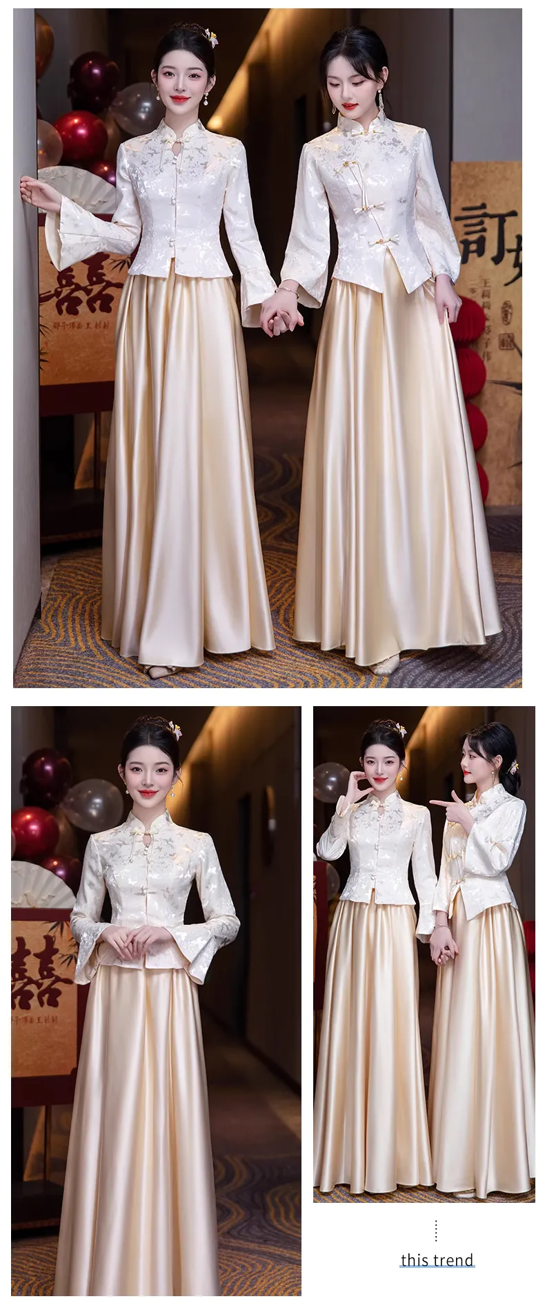Stylish-Champagne-Jacquard-Blouse-with-Satin-Skirt-Bridesmaid-Dress-Outfits18