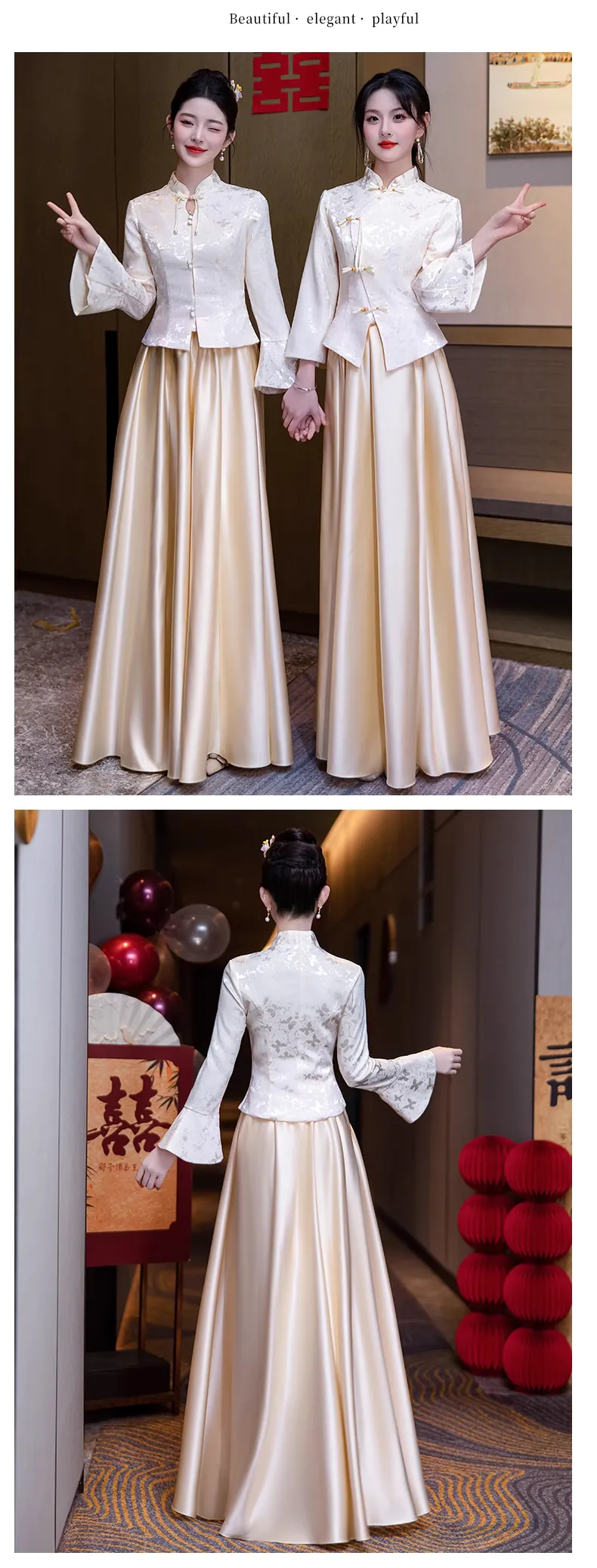 Stylish-Champagne-Jacquard-Blouse-with-Satin-Skirt-Bridesmaid-Dress-Outfits19