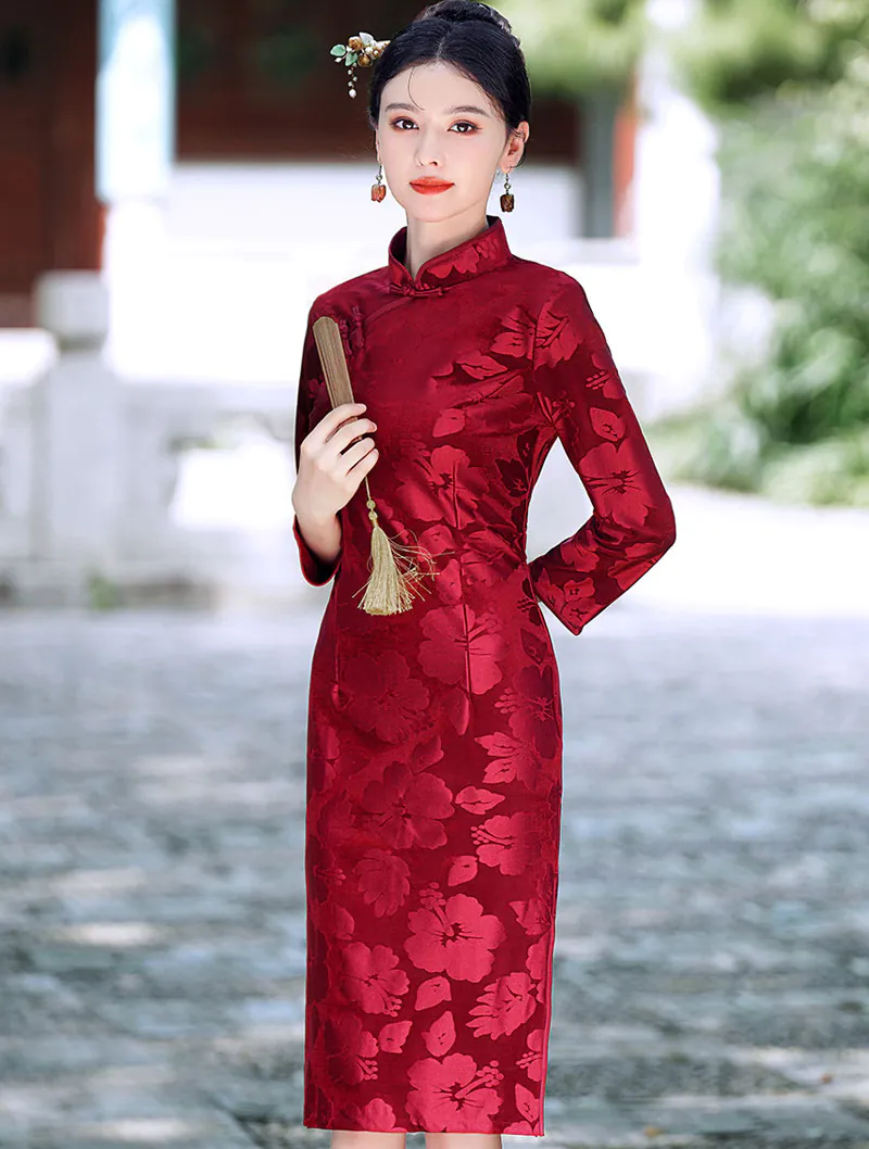 Stylish Velvet Mandarin Collar Long Sleeve Casual Qipao Dress01