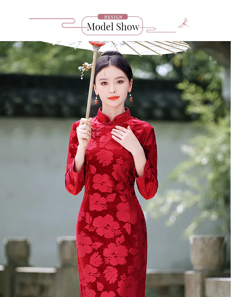 Stylish Velvet Mandarin Collar Long Sleeve Casual Qipao Dress – FloraShe