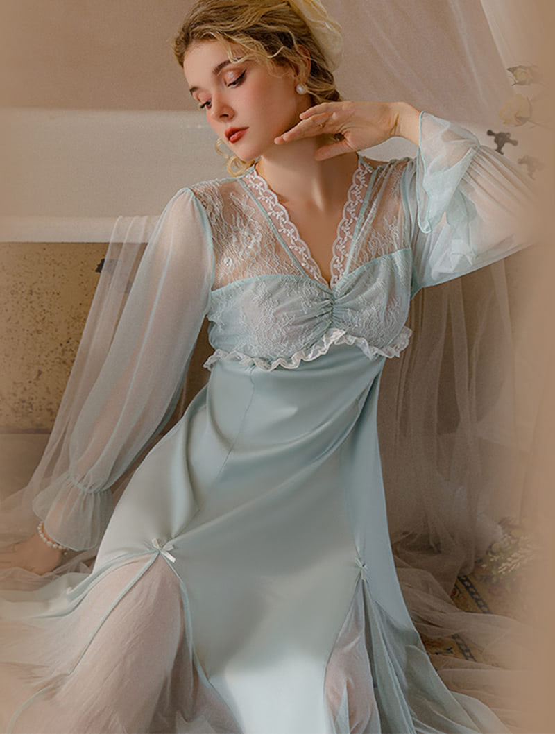 Sweet Lace Long Sleeve Nightwear Ladies Sexy Lingerie Dress01
