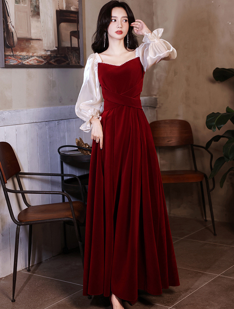 Velour Long Sleeve Wine Red Evening Dress Party Gown01