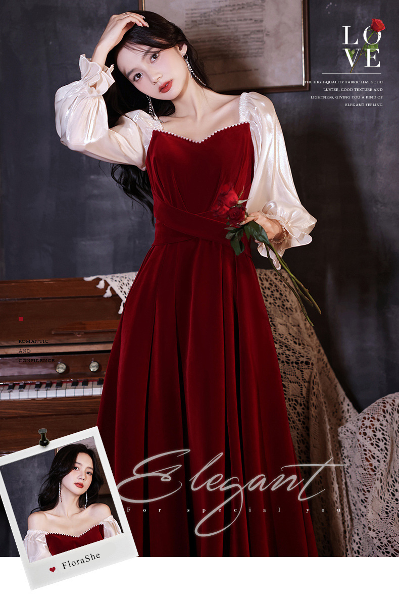 Velour Long Sleeve Wine Red Evening Dress Party Gown07