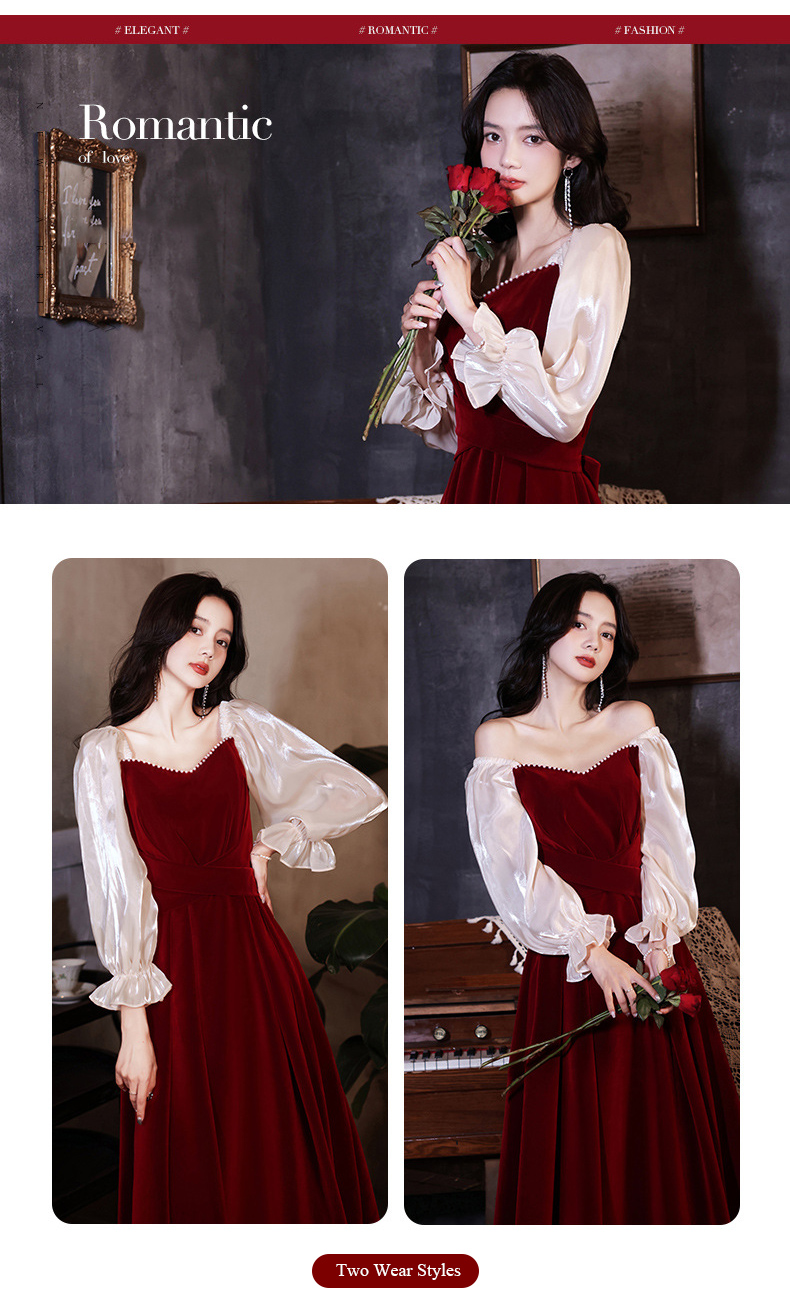 Velour Long Sleeve Wine Red Evening Dress Party Gown09