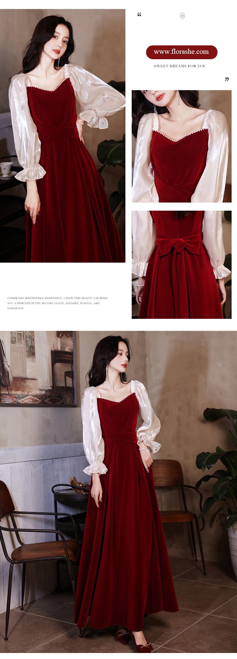Velour Long Sleeve Wine Red Evening Dress Party Gown12