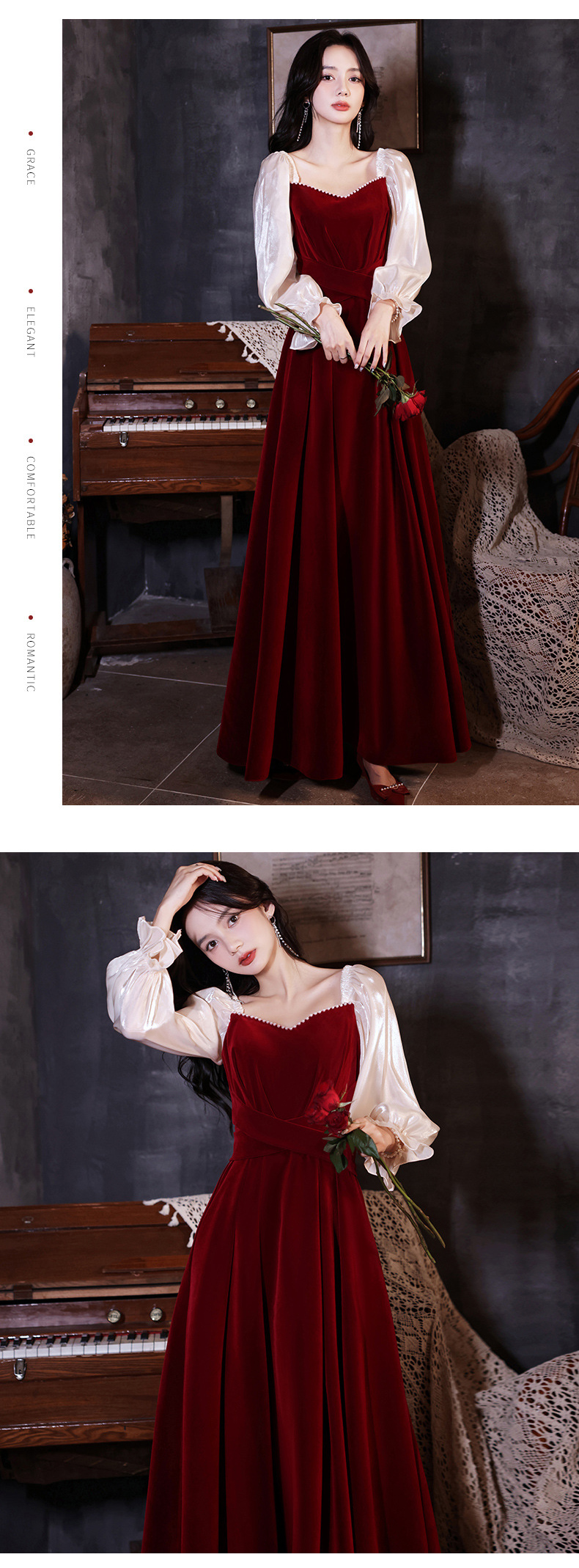 Velour Long Sleeve Wine Red Evening Dress Party Gown14