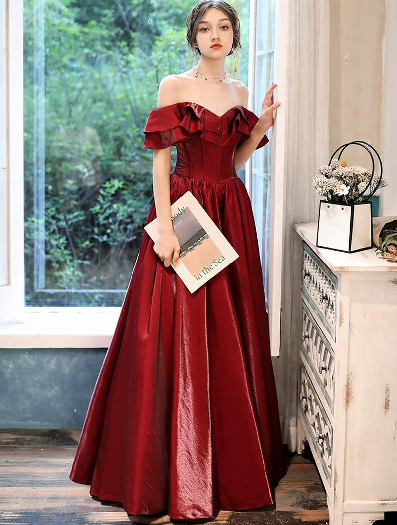 Vintage Evening Gown Burgundy Off Shoulder Prom Dress01