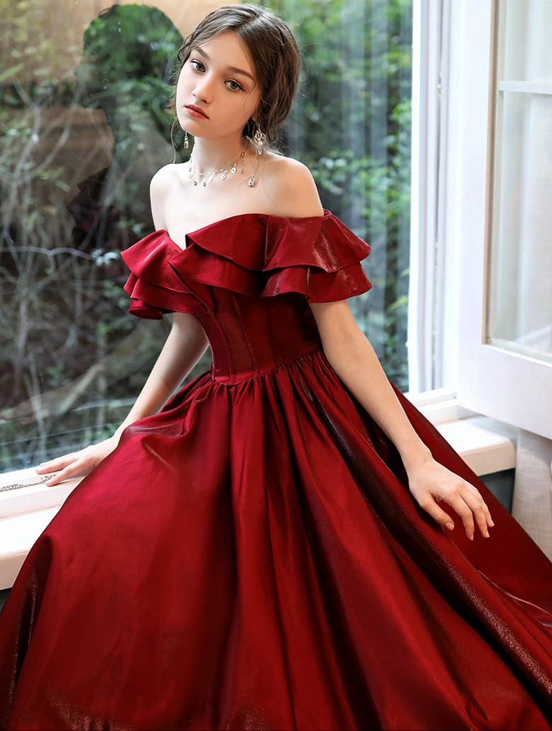 Vintage Evening Gown Burgundy Off Shoulder Prom Dress02