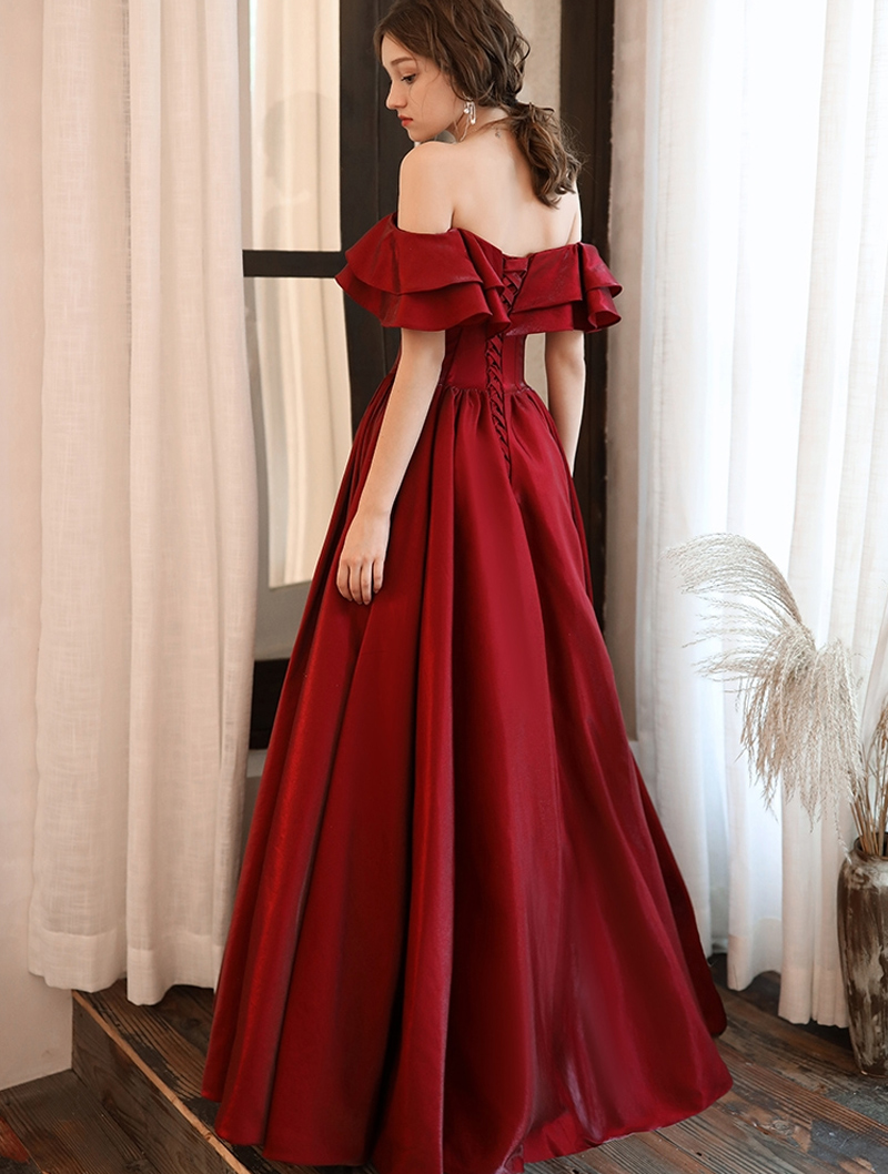 Vintage Evening Gown Burgundy Off Shoulder Prom Dress01
