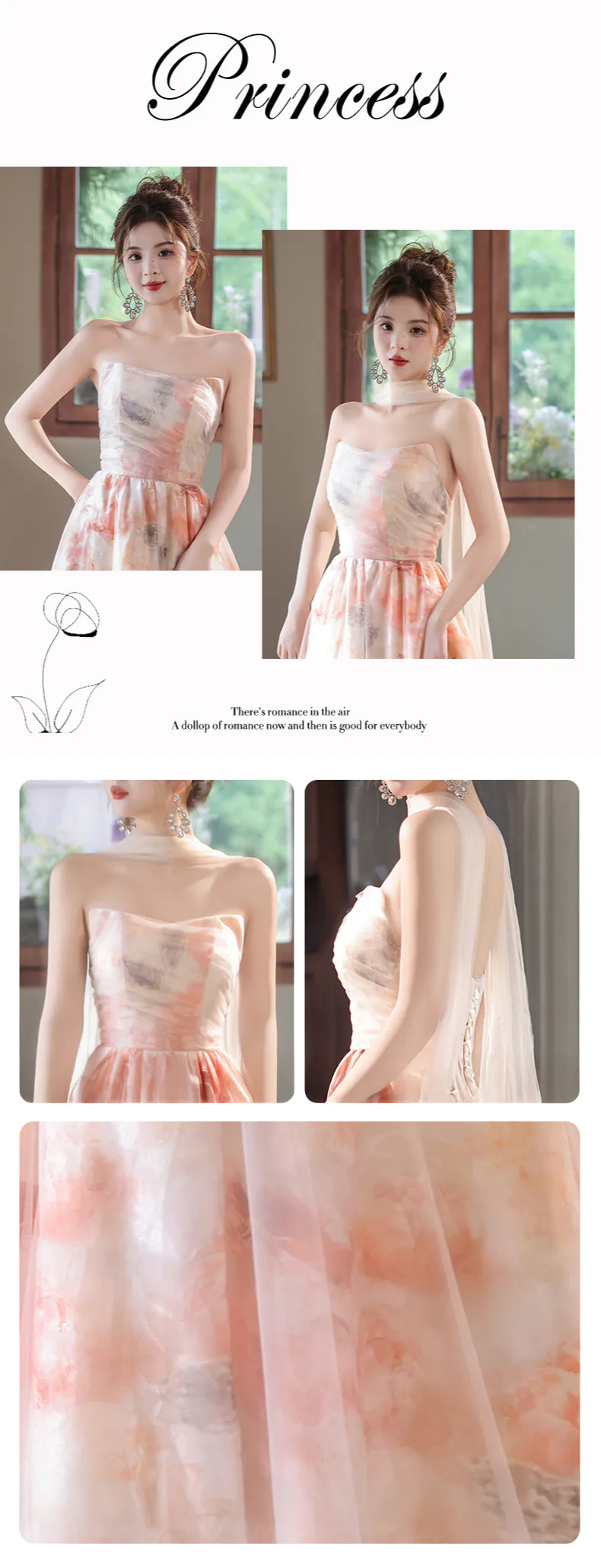 Vintage Pastel Pink Tulle Strapless Floral Evening Dress Chiffon Formal Gown08