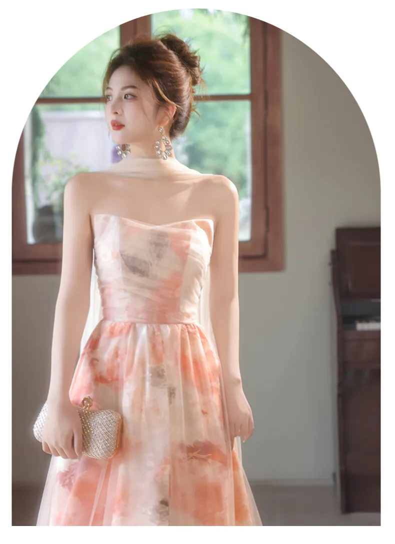 strapless open back dress Blooming Ruffle Pink Tulle Dress